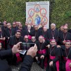Clergy pose for a picture after Pope Leo XIV inaugurated a mosaic of the Virgin Mary along with a statue of 16th-century St. Rose of Lima in the Vatican Gardens at the Vatican Jan. 31, 2026. (OSV News/Vincenzo Livieri, Reuters)