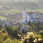 The Basilica of St. Francis in Assisi, Italy, is seen at sunset Sept. 29, 2025. (OSV News photo/Barb Fraze)
