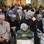 Residents and staff of a home for the elderly run by the Little Sisters of the Poor in Istanbul listen to Pope Leo XIV during his visit Nov. 28, 2025. (CNS photo/Vatican Media)