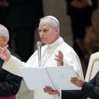 Pope Leo XIV gives his blessing at the conclusion of his weekly general audience in the Paul VI Audience Hall at the Vatican Feb. 11, 2026. (CNS photo/Lola Gomez)
