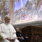 Pope Leo XIV prays as Norwegian Bishop Erik Varden of Trondheim leads the Roman Curia's annual Lenten retreat in the Pauline Chapel at the Vatican Feb. 22, 2026. The Norwegian bishop was chosen by Pope Leo to preach at the Lenten retreat, which runs from Feb. 22 to 27, and will reflect on the theme, "Illuminated by a Hidden Glory." (OSV News photo/Simone Risoluti, Vatican Media)