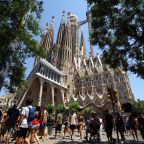 Groups of tourists walk around the Basilica of the Holy Family, known in Spanish as Sagrada Familia, in Barcelona, Spain, June 30, 2025. Pope Leo XIV will visit Barcelona in June 2026 to mark the centenary of the death of the Sagrada Familia’s iconic architect, Servant of God Antoni Gaudí. (OSV News photo/Albert Gea, Reuters)