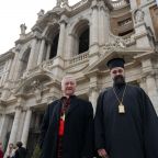 Cardinal Blase J. Cupich of Chicago and Greek Orthodox Metropolitan Nathanael of Chicago pose for a photograph outside the Basilica of St. Mary Major in Rome March 2, 2026. They were taking part in an ecumenical pilgrimage together to celebrate the 1,700th anniversary of the Council of Nicaea. (CNS photo/Lola Gomez)