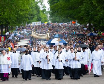 With an estimated 7,000 participants, the Source and Summit Eucharistic Procession makes its way along Summit Avenue in St. Paul, Minn., on its way from The St. Paul Seminary to the Cathedral of St. Paul in St. Paul May 27, 2024. The procession was part of the 2024 National Eucharistic Pilgrimage. (OSV News photo/Dave Hrbacek, The Catholic Spirit)