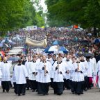 With an estimated 7,000 participants, the Source and Summit Eucharistic Procession makes its way along Summit Avenue in St. Paul, Minn., on its way from The St. Paul Seminary to the Cathedral of St. Paul in St. Paul May 27, 2024. The procession was part of the 2024 National Eucharistic Pilgrimage. (OSV News photo/Dave Hrbacek, The Catholic Spirit)