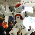 A file photo shows Zora Bots humanoid robot dancing at the Marriott exhibition stand on the International Tourism Trade Fair in Berlin. (CNS photo/Fabrizio Bensch, Reuters)