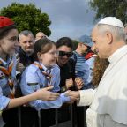 Pope Leo XIV greets young scouts, known as "Coccinelle" or "Ladybugs" in Italian, during a parish visit to the Church of St. Mary of the Presentation in Rome, Italy, March 8, 2026. (CNS photo/Vatican Media)
