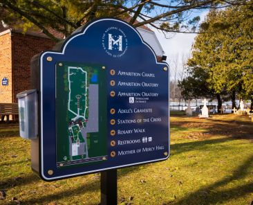 A map seen Jan. 9, 2026, outside of the National Shrine of Our Lady of Champion's Apparition Chapel in Champion, Wis., includes the gravesite location of Adele Brice (Brise). (OSV News photo/Sam Lucero)