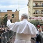 Pope Leo XIV greets the local community during a parish visit to the Church of the Sacred Heart of Jesus in Rome, Italy, March 15, 2026. (CNS photo/Vatican Media)