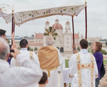 Archbishop Paul S. Coakley of Oklahoma City blesses the gathered crowd at the top of the Tepeyac Hill at the Blessed Stanley Rother Shrine in Oklahoma City during a Eucharistic procession on June 3, 2025. On March 18, 2026, the 2026 National Eucharistic Pilgrimage announced diocesan details for public stops along its East Coast route May 24-July 5 with ties to America's 250th anniversary. (OSV News photo/Avery Holt, courtesy Archdiocese of Oklahoma City)