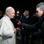Pope Leo XVI talks with journalists before leaving the papal residence in Castel Gandolfo, Italy, March 24, 2026, to head back to the Vatican. "I want to renew the appeal for a ceasefire, to work for peace, but not with weapons -- rather through dialogue, truly seeking a solution for everyone," he told journalists. "There are more than a million displaced people and many dead," said the pope. (OSV News photo/Catholic Press Photo)