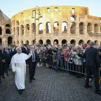 Pope Leo XIV waves to onlookers as he leaves an ecumenical Christian prayer service inside Rome's Colosseum Oct. 28, 2025. Pope Leo will carry the cross himself April 3, 2026, through all 14 stations of the Way of the Cross at Rome's Colosseum on the first Good Friday of his pontificate. (OSV News photo/Vatican Media)