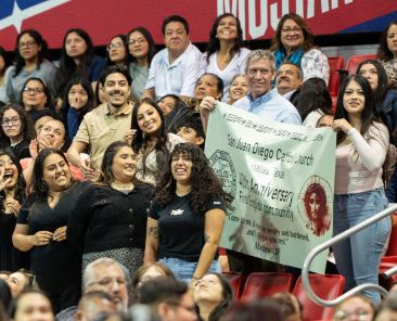 Members of San Juan Diego Catholic parish are recognized during the celebration of the 40th Anniversary of the Neocatechumenal Way, on March 1, 2026 at Mood Coliseum on the campus of SMU in Dallas. Bishop Burns will offered words of welcome, presided over evening prayers, and shared a homily during the celebration.