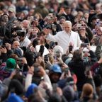 Pope Leo XIV greets visitors and pilgrims from the popemobile while riding around St. Peter’s Square at the Vatican before his weekly general audience April 1, 2026. (CNS photo/Lola Gomez)