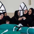 Relatives mourn over the bodies of four members of the Saeed family at the Al Kharab mosque in Tyre, Lebanon, April 12, 2026, who were killed in an Israeli strike in the village of Srifa. One of the family members was 18 months old. (OSV News photo/Louisa Gouliamaki, Reuters)