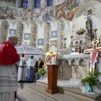 Pope Leo XIV prays during meeting with the Algerian community at the Basilica of Our Lady of Africa in Algiers, Algeria, April 13, 2026. (OSV News photo/Simone Risolutie, Vatican Media)