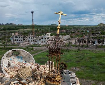 A drone view shows the ruins of a church and buildings in the village of Marinka (Maryinka) in the Russian-controlled Donetsk region of Ukraine May 15, 2025. Several prominent American Catholics have launched a petition calling for the end of Russia's religious persecution in occupied areas of Ukraine. (OSV News photo/Alexander Ermochenko, Reuters)