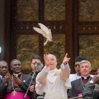 Pope Leo XIV releases a dove with community representatives at the conclusion of a peace meeting at St. Joseph Cathedral in Bamenda, Cameroon, April 16, 2026. (CNS photo/Lola Gomez)