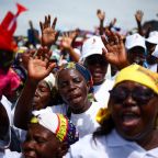 People cheer as Pope Leo XIV arrives to celebrate Mass at Saurimo esplanade in northeastern Angola April 20, 2026. (OSV News photo/Guglielmo Mangiapane, Reuters)