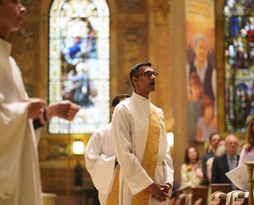 Father Melvin Rayappa prays during his ordination to the priesthood at St. Ignatius Loyola Church in New York City June 14, 2025. A new report from the Center for Applied Research in the Apostolate at Georgetown University, conducted for the U.S. bishops, looks at the defining features of the more than 400 men who will be ordained to the priesthood in 2026. (OSV News photo/Gregory A. Shemitz)
