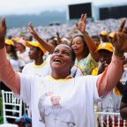 The crowd reacts as Pope Leo XIV celebrates the final Mass of his apostolic journey to Africa at Malabo Stadium in Equatorial Guinea April 23, 2026. (OSV News photo/Guglielmo Mangiapane, Reuters)