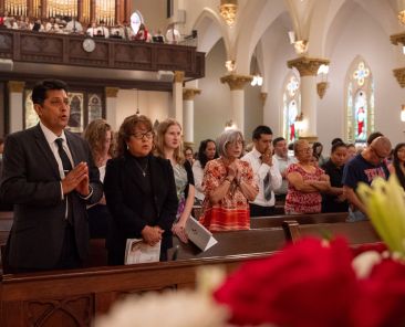 Deacon Ruben Vargas and his wife Evangelina Vargas stand for prayer during the Neophyte Mass, on June 07, 2025 at the National Cathedral Shrine of Our Lady of Guadalupe in Dallas.