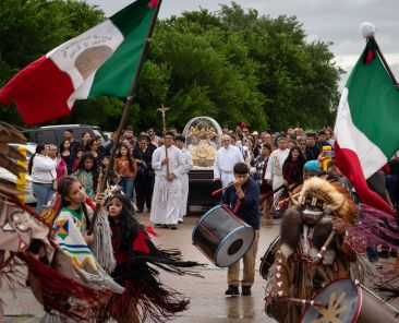 Members of the clergy lead a special procession during the visit of the pilgrim image of the Virgen de San Juan de los Lagos, on Sunday, April 12, 2026 at Our Lady of San Juan de los Lagos - Santa Teresita parish in Dallas.