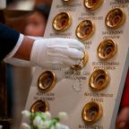 A Knight of Columbus venerates the 36 relics of martyrs of Mexico's Cristero War at the Cathedral of Our Lady of the Angels in Los Angeles April 18, 2026. (OSV News photo/John Rueda, courtesy Archdiocese of Los Angeles)