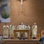 Augustinians priests concelebrate a Mass of thanksgiving for the first anniversary of their brother Pope Leo XIV’s papacy at St. Jude Catholic Church in New Lenox, Ill., May 8, 2026. Among the concelebrants is Passionist Father Enzo Del Brocco, second from left. (OSV News photo/Simone Orendain)