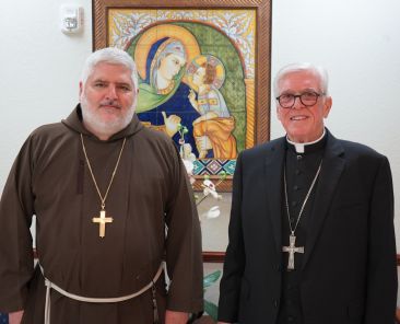 Father Emilio Biosca Agüero, a Capuchin Franciscan missionary who served in Cuba and Papua New Guinea, and Bishop Frank J. Dewane of Venice, Fla., pose for a photo in Venice May 13, 2026, after it was announced that Pope Leo XIV has accepted the resignation of Bishop Dewane, 76, who had led the southwest Florida diocese since 2006, and appointed Father Biosca as the new bishop of Venice. (OSV News photo/courtesy Diocese of Venice)