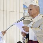 Pope Leo XIV speaks to visitors and pilgrims attending Mass for the Jubilee of Choirs and the feast of Christ the King Nov. 23, 2025, in St. Peter's Square at the Vatican. (CNS photo/Vatican Media)