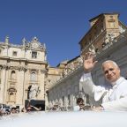 Pope Leo XIV greets visitors and pilgrims from the popemobile while riding around St. Peter’s Square at the Vatican before his weekly general audience May 27, 2026. (CNS photo/Vatican Media)