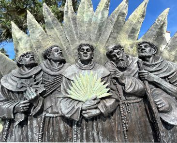 A monument to Pedro de Corpa and Companions, also known as the Georgia Martyrs, stands outside of Nativity of Our Lady Church in Darien, Ga., May 26, 2026. The monument, sculpted by Timothy Schmalz, was blessed in 2021. (OSV News photo/Gretchen R. Crowe)