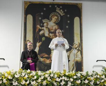 Pope Leo XIV speaks as he visits the Pontifical Shrine of the Blessed Virgin of the Rosary of Pompeii near Naples, Italy, before celebrating Mass in the piazza outside May 8, 2026, on the first anniversary of his election as the first American pontiff. He visited 400 sick and disabled people inside of the shrine. (OSV News photo/Simone Risoluti, Vatican Media)