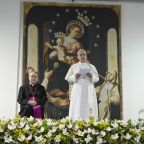 Pope Leo XIV speaks as he visits the Pontifical Shrine of the Blessed Virgin of the Rosary of Pompeii near Naples, Italy, before celebrating Mass in the piazza outside May 8, 2026, on the first anniversary of his election as the first American pontiff. He visited 400 sick and disabled people inside of the shrine. (OSV News photo/Simone Risoluti, Vatican Media)