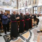 Pope Leo XIV waves after meeting with participants in the general assembly of the Pontifical Mission Societies in Clementine Hall at the Vatican June 1, 2026. During the meeting, Pope Leo praised Venerable Fulton J. Sheen as "a light of faith, hope, and love" whose radio and television broadcasts brought the Gospel to millions of Americans -- including the pope himself as a child. (OSV News photo/Simone Risoluti, Vatican Media)