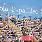 People await Pope Leo XIV’s arrival at the Lluís Companys Olympic Stadium in Barcelona June 9, 2026, for a prayer vigil. (CNS photo/Lola Gomez)