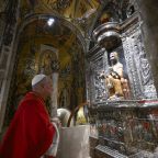 Pope Leo XIV prays before the Virgin of Montserrat image at the Our Lady of Montserrat Abbey, during his apostolic journey, in Montserrat, Spain, June 10, 2026. (OSV News photo/Simone Risoluti, Vatican Media)