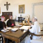 Pope Leo XIV meets with French Archbishop Thibault Verny of Chambéry, France, president of the Pontifical Commission for the Protection of Minors, left, and Colombian Bishop Luis Manuel Alí Herrera, commission secretary, right, in the library of the Apostolic Palace at the Vatican Sept. 12, 2025. In documents published June 13, 2026, Pope Leo XIV approved new statutes for the commission (PCPM) that seek to balance its integration with the Roman Curia while preserving its independence.(CNS photo/Vatican Media)