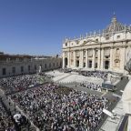 Pope Leo XIV greets visitors from the popemobile while riding around St. Peter’s Square at the Vatican before his weekly general audience June 17, 2026. (CNS photo/Vatican Media)
