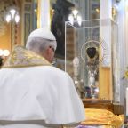 Pope Leo XIV venerates a relic of the heart of St. Frances Xavier Cabrini, the first U.S. citizen ever canonized a saint, inside the Parish of Sts. Anthony Abbot and Frances Cabrini during a visit to Sant'Angelo Lodigiano, her birthplace in northern Italy, June 20, 2026. (OSV News photo/Mario Tomassetti, Vatican Media)