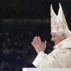 Pope Benedict XVI acknowledges applause from the crowd after giving his homily during Mass at Yankee Stadium in New York April 20, 2008. An English edition of a book of Pope Benedict's previously unpublished homilies has been released by the Vatican. (OSV News photo/Nancy Wiechec)