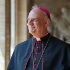 Archbishop Mark S. Rivituso of Mobile, Ala., poses for a photo at the Pontifical North American College in Rome June 29, 2026, after receiving the pallium from Pope Leo XIV during Mass on the feast of Sts. Peter and Paul in St. Peter’s Basilica at the Vatican. The pallium is a woolen band worn by metropolitan archbishops to symbolize their authority and unity with the pope. (CNS photo/Lola Gomez)