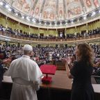 Pope Leo XIV is applauded by Pedro Rollan Ojeda, President of the Senate of Spain, and Francina Armengol, President of the Congress of Deputies of Spain, after the pontiff delivered a speech during a joint session of the Spanish Parliament at the Congress of Deputies in Madrid, June 8, 2026, during his June 6-12 apostolic journey to Spain. (OSV News photo/Simone Risoluti, Vatican Media)