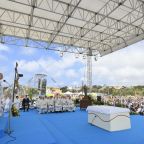Pope Leo XIV delivers his homily during Mass at the Arena sports field of Lampedusa, Italy, July 4, 2026, during his pastoral visit to the Mediterranean island, one of Europe's principal gateways for migrants crossing the sea. (CNS photo/Vatican Media)