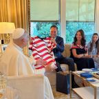 Pope Leo XIV spends the evening of July 4, 2026, with U.S. ambassador Brian Burch and his family, where they discussed peace and freedom, and the Burch family presented the pope with a U.S.A. World Cup jersey, a baseball and an apple pie. (OSV News photo/courtesy U.S. Embassy to the Holy See)
