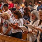 Worshippers pray at the Basilica of the National Shrine of the Immaculate Conception in Washington July 4, 2026, during a Mass of Thanksgiving for America’s 250th. (OSV News photo/Tim Dias, courtesy National Shrine of the Immaculate Conception)