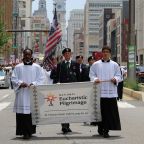 Seminarians from St. Charles Borromeo Seminary in Ambler, Pennsylvania, along with several Knights of Columbus led a July 5, 2026, Eucharistic procession through the streets of Philadelphia, marking the close of the 2026 National Eucharistic Pilgrimage. (OSV News photo/Gina Christian)
