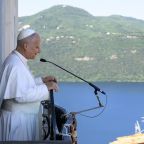 Pope Leo XIV speaks to visitors from the balcony of the papal Castel Gandolfo residence in Italy July 5, 2026. (OSV News photo/Simone Risoluti, Vatican Media)