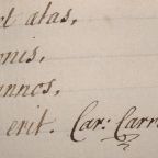 Charles Carroll's signature is seen at the end of a poem he wrote in 1754 when he was in his final year of high school in Saint-Omer, France. Carroll, a Founding Father of the United States and the only Catholic signer of the Declaration of Independence, wrote the poem to be read to a visiting dignitary at his high school. It was discovered in the archives of Jesuit-run Stonyhurst College in Clitheroe, England. (OSV News file/Jonathon Hewat)